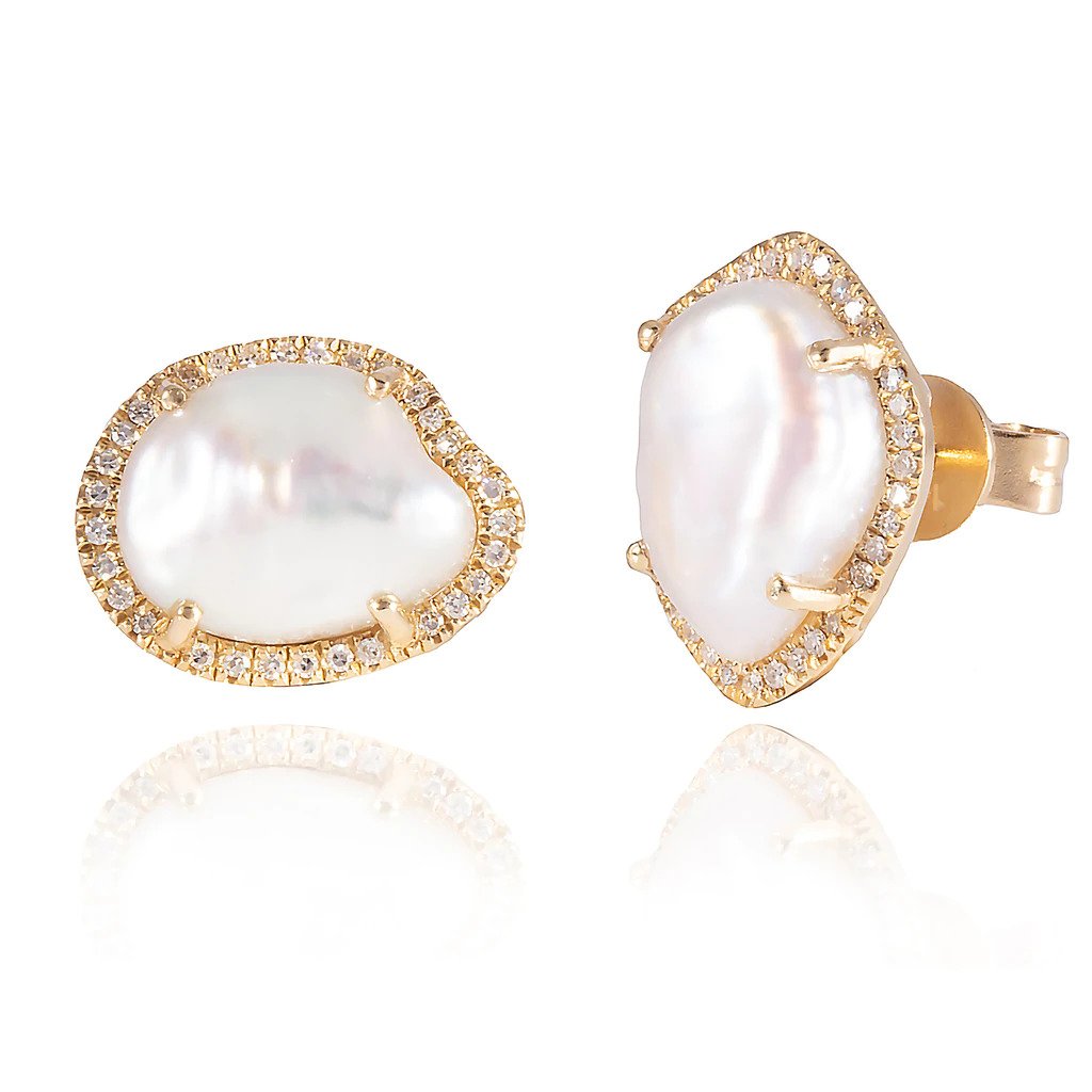 Keshi Pearl Diamond Halo Stud Earrings – Honeybee Collection