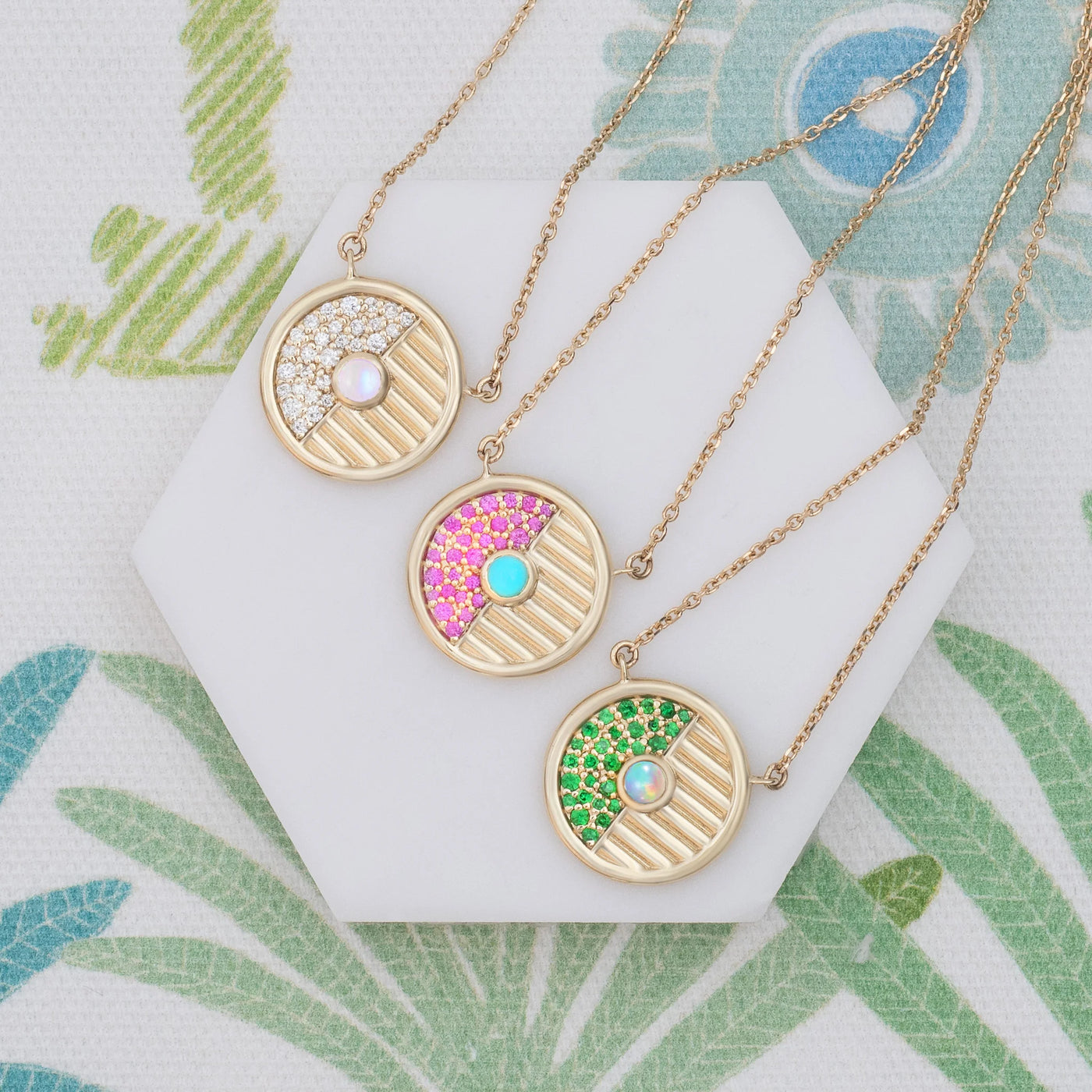 Found Small Disk Pendant Necklace - Opal & Tsavorite