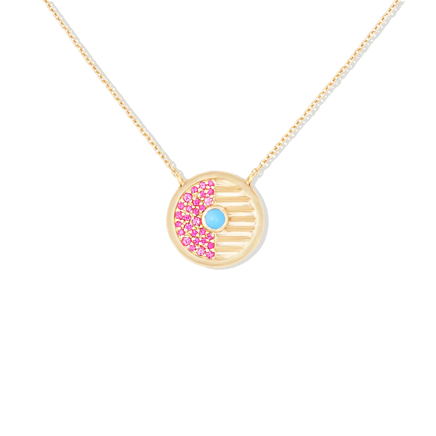 Found Small Disk Pendant Necklace - Turquoise & Pink Sapphire