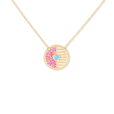 Found Small Disk Pendant Necklace - Turquoise & Pink Sapphire