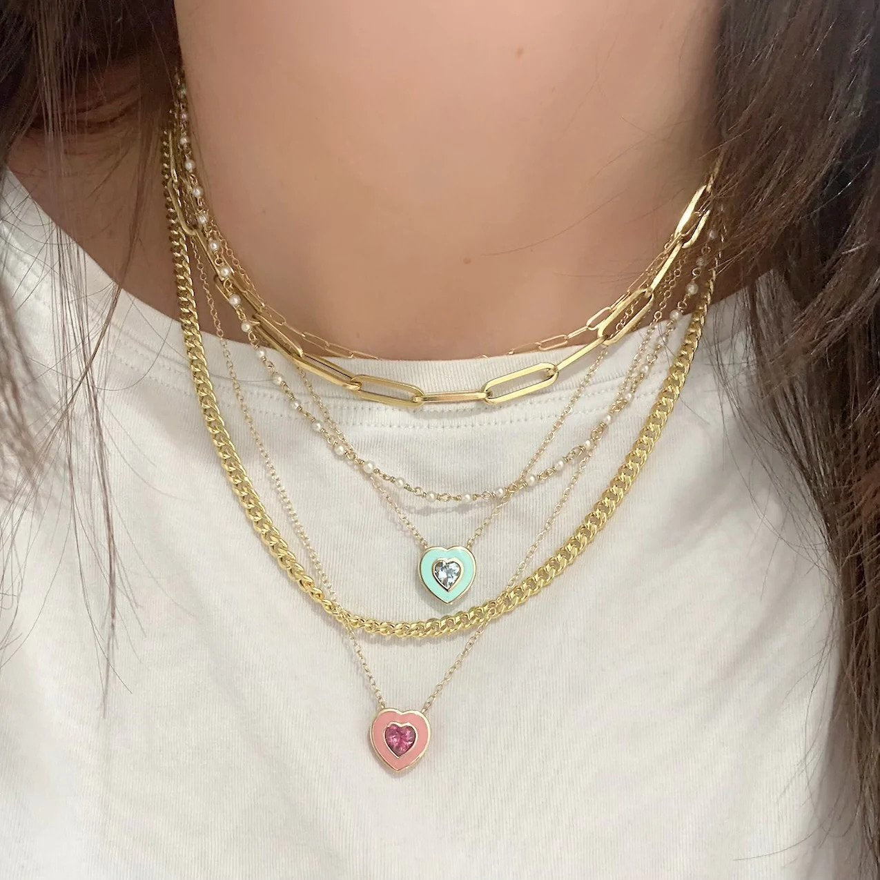 Light Green Enamel and Aqua Heart Necklace