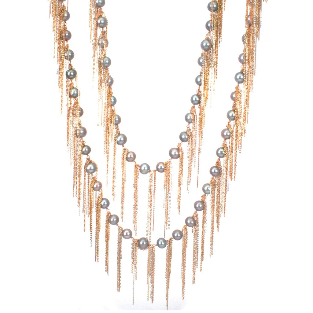 62" Silver Pearl Fring Necklace