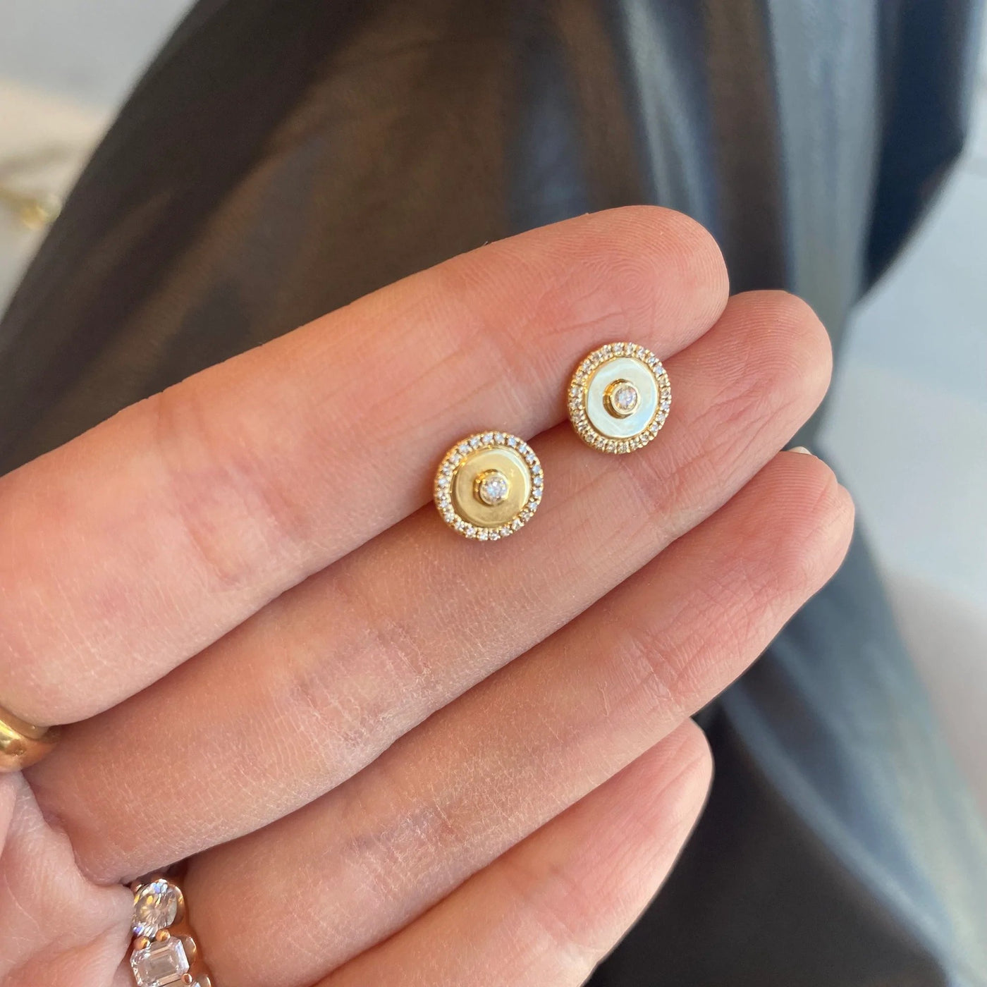 Round Pave Diamond Center Stud Earrings